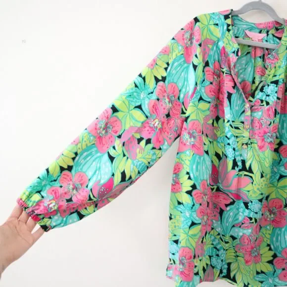 Lilly Pulitzer Size S 100% Silk Elsa Skip On It Top Blouse Frogs Floral - Picture 6 of 13
